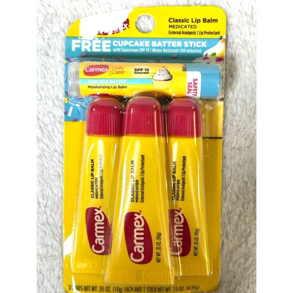 (2) Carmex 4 Pack Classic Medicated Lip Balm‎ - With Cupcake batter stick .35 Oz